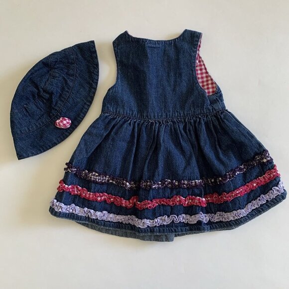 Potato Tomato Girls Size 9M Dress Denim Plaid Tiered Ruffle Dress and Hat Set - Picture 7 of 9
